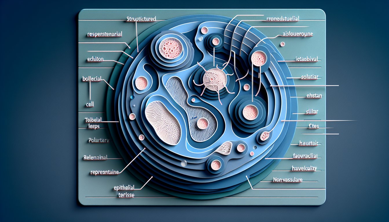Paper art illustration for epithelial tissue quiz showing layered cells polarity, avascularity on dark blue background