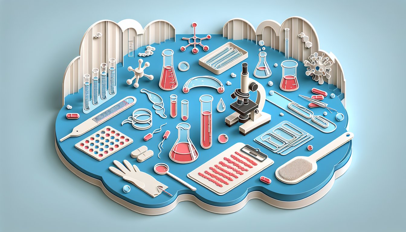 Paper art illustration for Microbiology Exam 1 quiz testing lab skills on a sky blue background