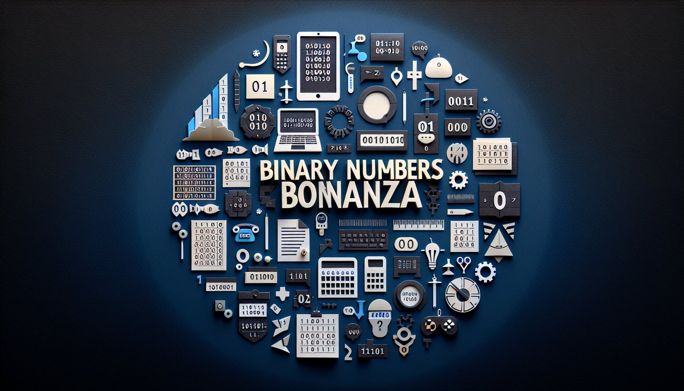 Colorful paper art promoting a trivia quiz on binary numbers for middle school math or computer science.