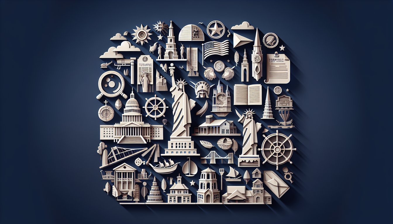 Paper art illustration for 8th Grade US Social Studies Quiz on dark blue background