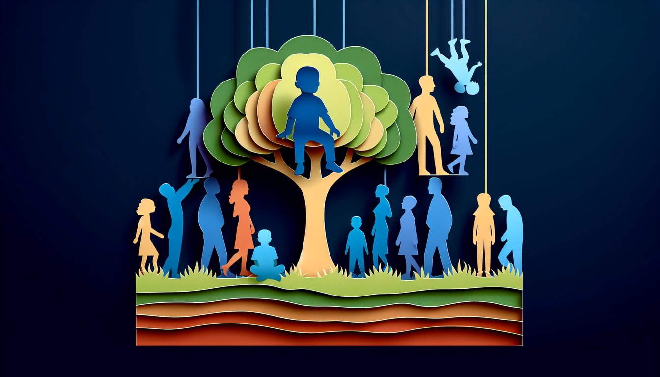 Paper art illustration for a personality quiz about family roles and dynamics on a dark blue background.