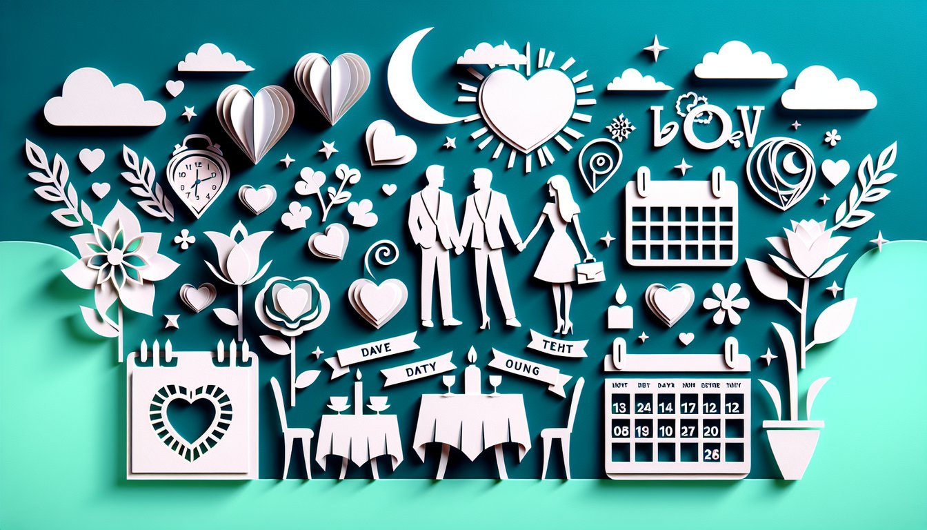 Paper cut style heart flowers arrows envelopes layered on teal background hinting at a quiz about love timing readiness
