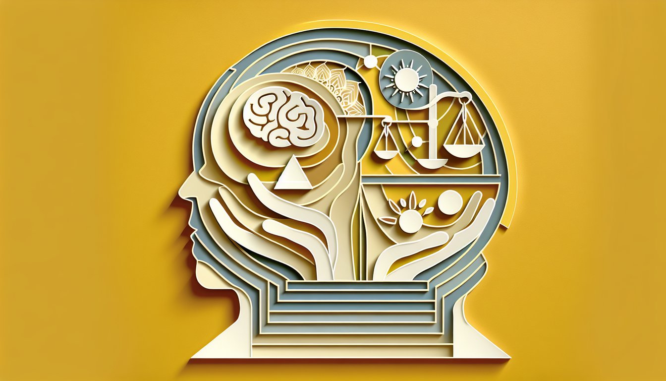 Paper art illustration for trauma-focused CBT skills quiz on a golden yellow background