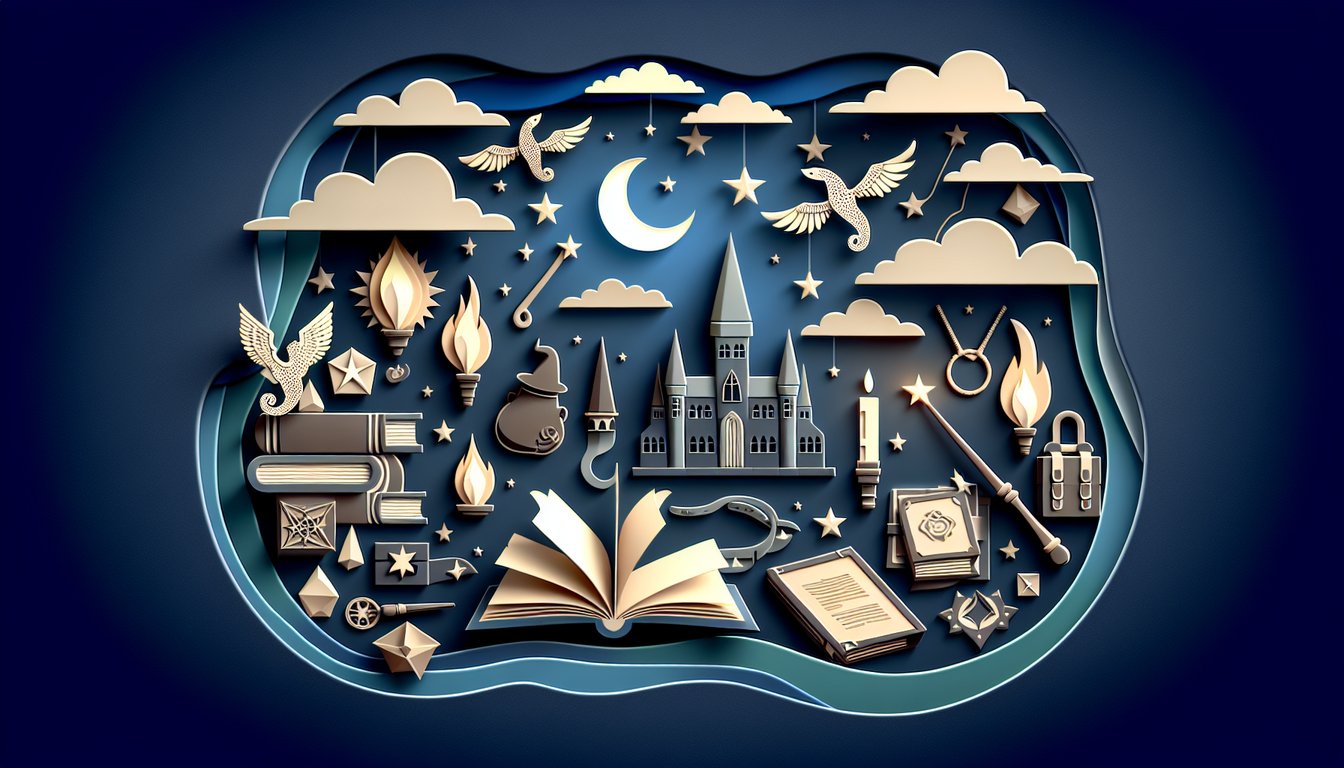 Paper art illustration of wizard hat wand open book and golden snitch on dark blue background promoting Harry Potter quiz