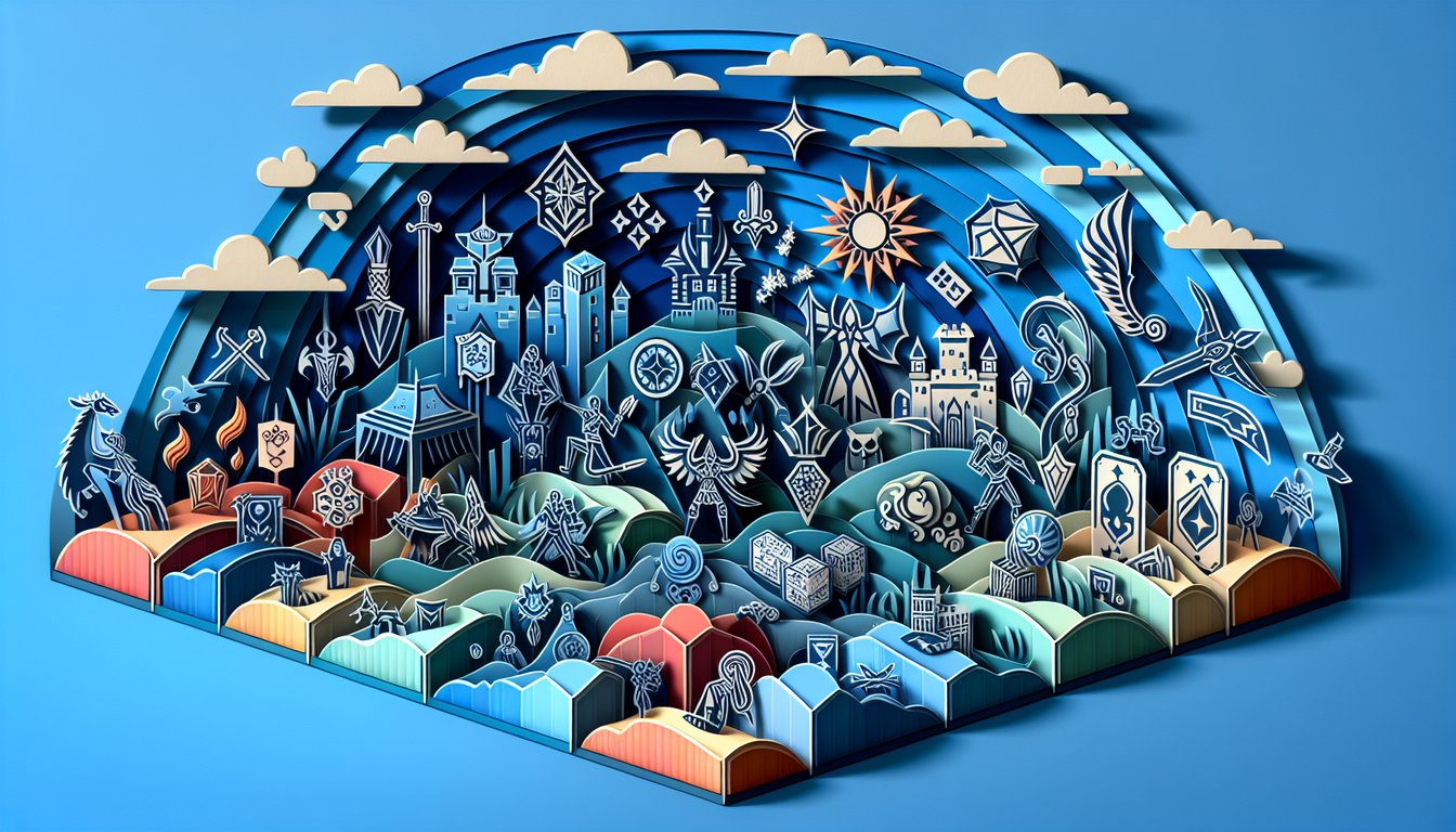 Paper art illustration of stylized symbols representing Ravnica guilds on a sky blue background for a strategy skills quiz