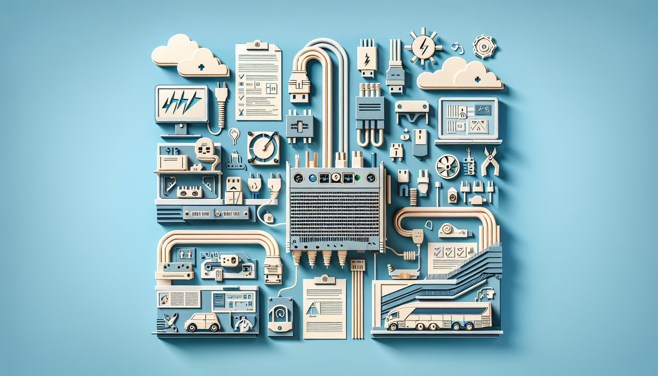 Paper art illustration of an ATX power supply with voltage rail symbols connectors and quiz prompt on sky blue background