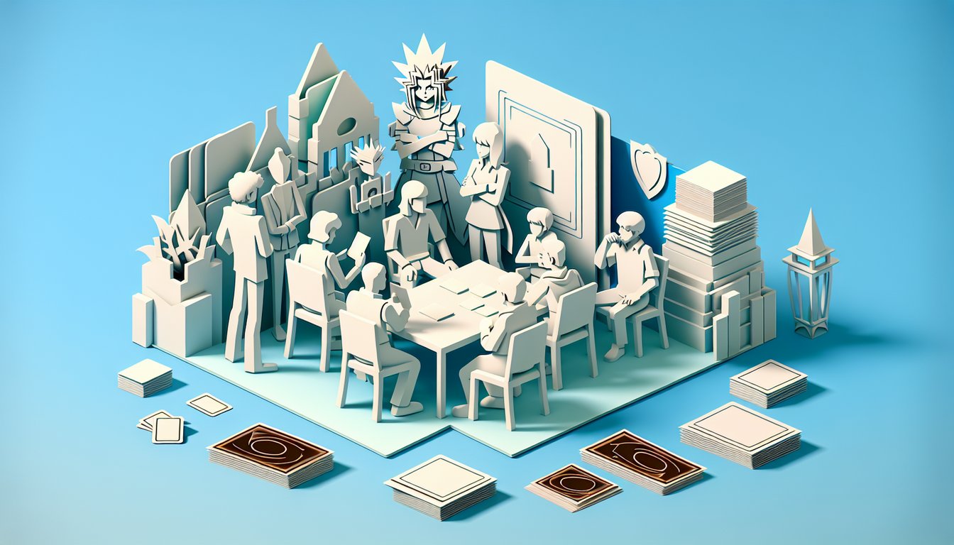 paper art yu gi oh duel disk cards tokens floating on sky blue background over deck builder quiz banner
