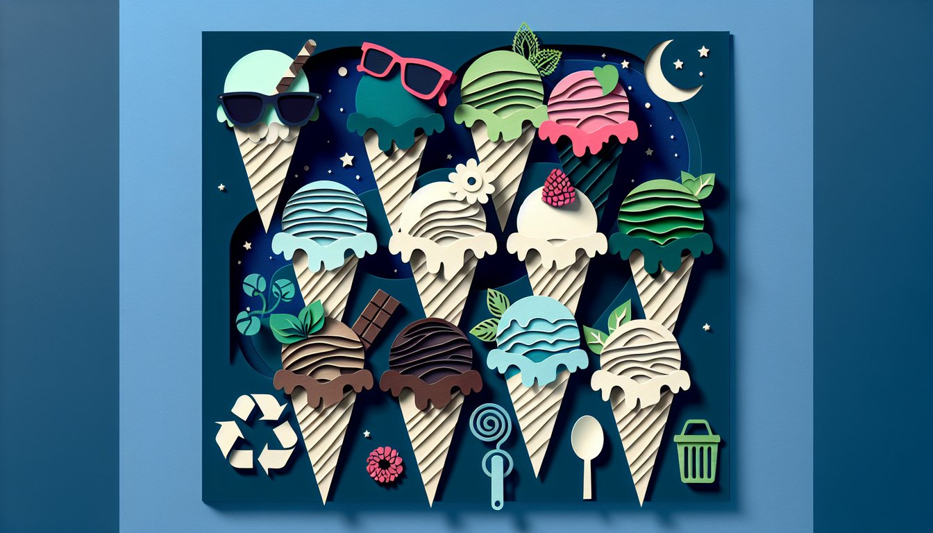 Paper art ice cream cones and scoops on dark blue background inviting you to take a flavor personality quiz