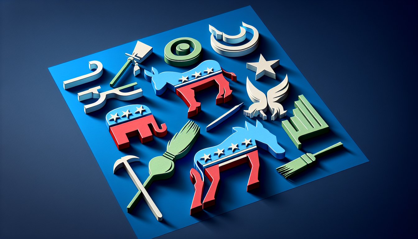 Paper art illustration for a political ideology quiz on a dark blue background