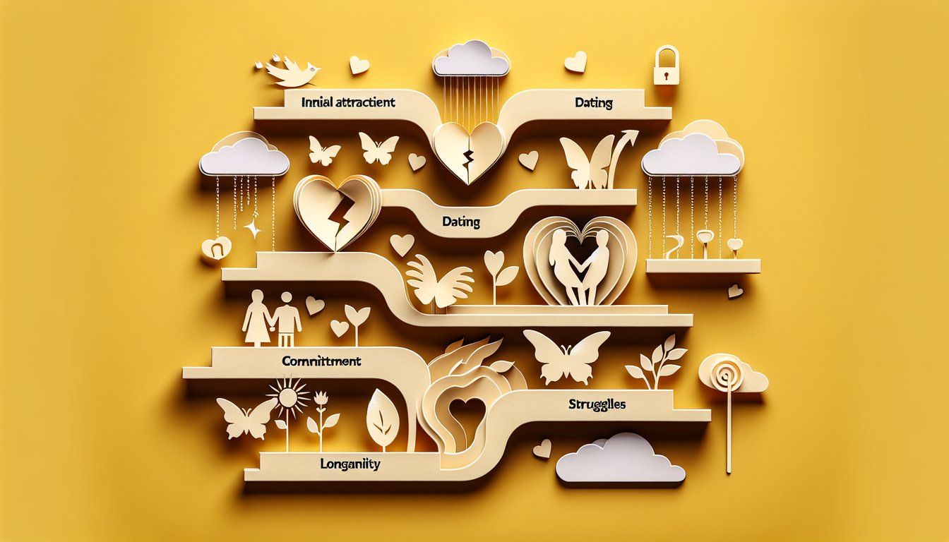 paper art illustration featuring hearts couples question marks on golden yellow background for relationship stage quiz