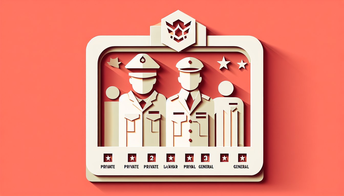 Paper art illustration of military rank insignia on coral background quiz to identify ranks from private to general