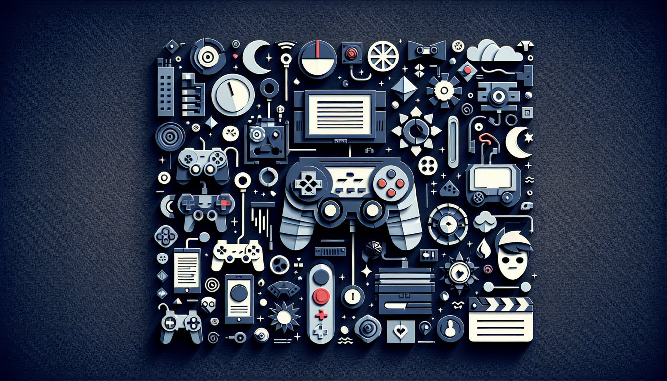Paper art style gaming controller character icons and genre symbols on dark blue background for a personality quiz.