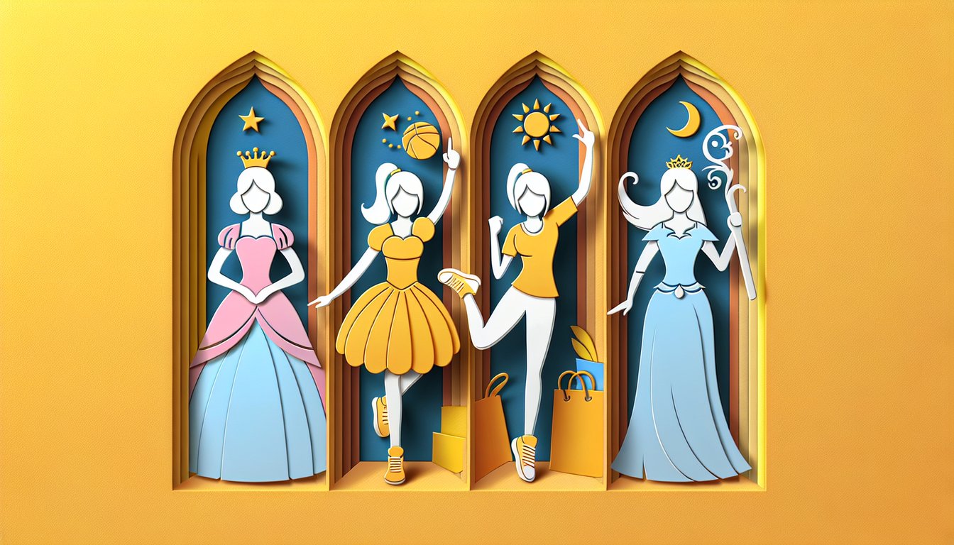 Paper art illustration of three Mario princesses Peach Daisy and Rosalina on golden yellow background for personality quiz