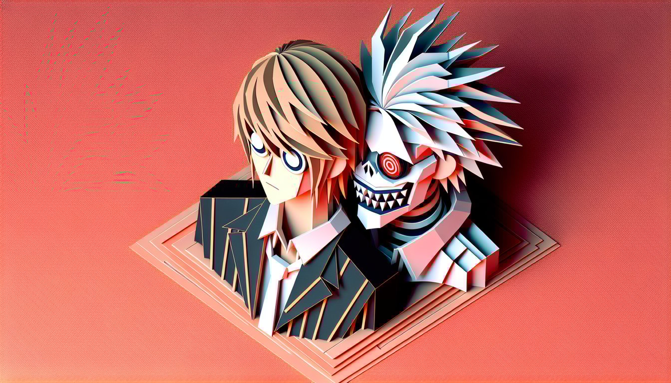 Paper art illustration for Death Note personality quiz on a coral background