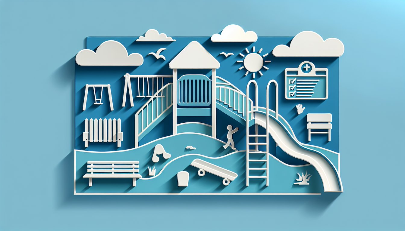 Paper art illustration for CPSI practice exam quiz on playground safety on a sky blue background
