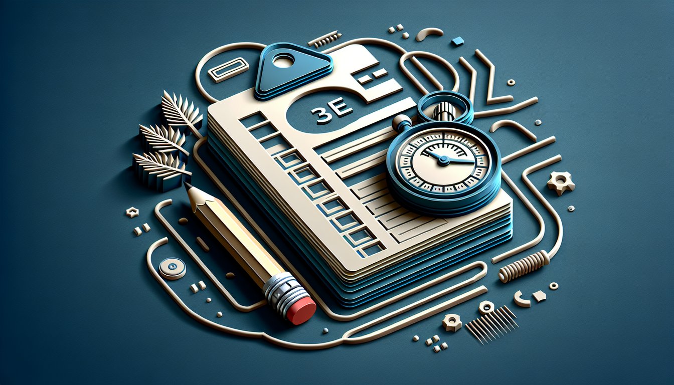 Paper art illustration for quiz on dark blue background with exam timer and mock test for Sukkur IBA ECE and JEST