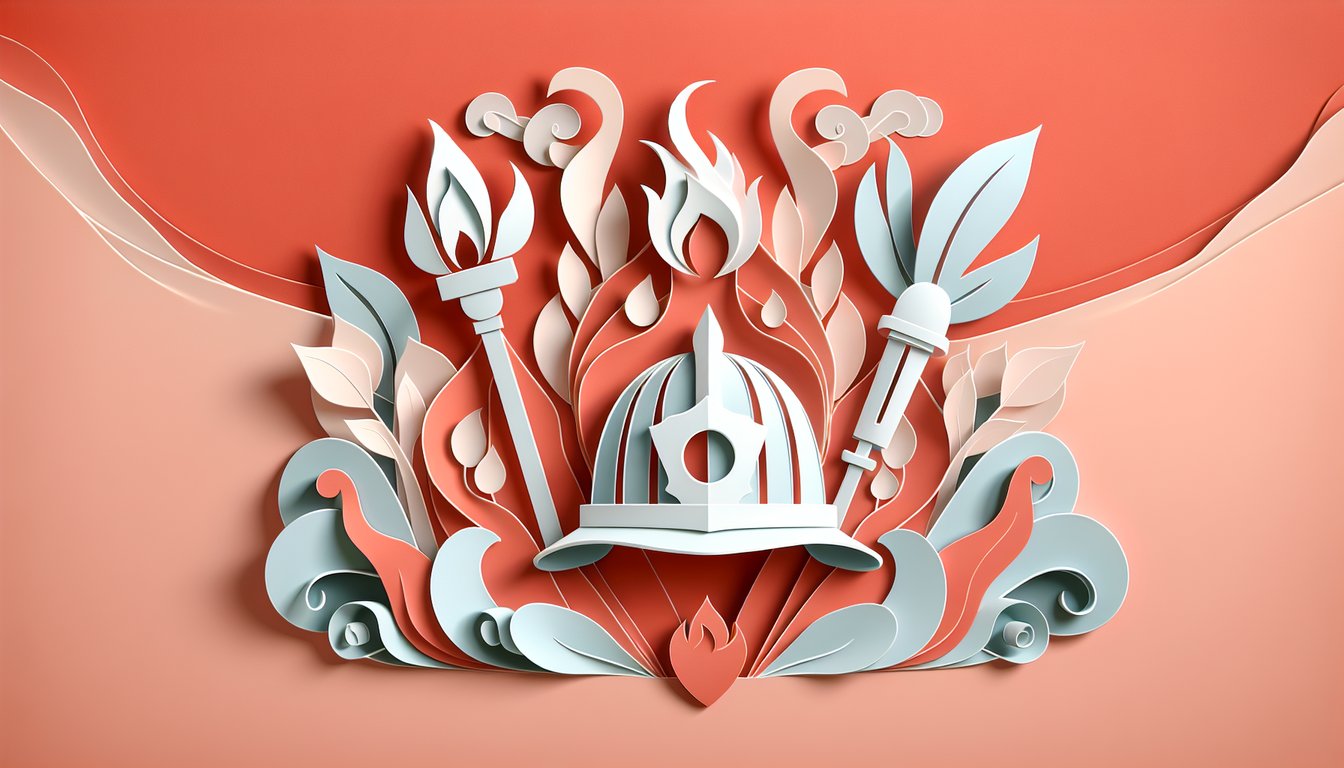 Paper art illustration for F01 fire guard practice test quiz on a coral background