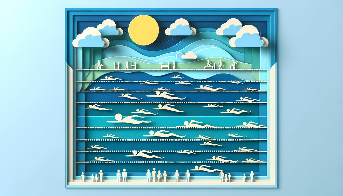 Paper art illustration for Olympic swimming trivia quiz on a sky blue background