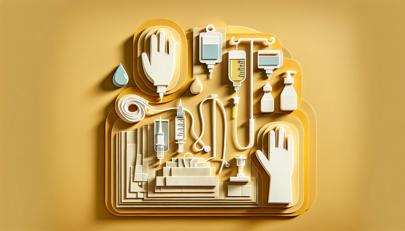 Paper art illustration for IV therapy quiz on a golden yellow background