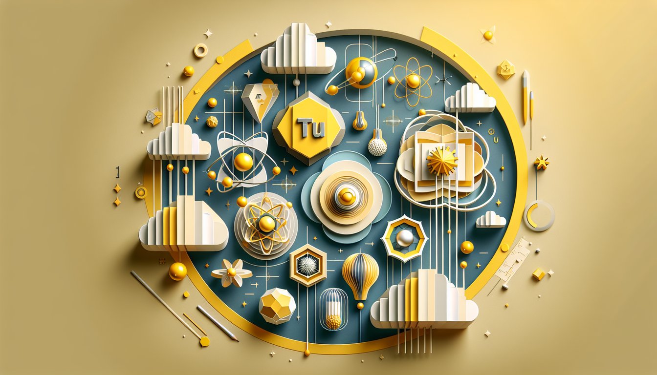Paper art illustration with stylized atoms and element symbols on golden yellow background for transuranium elements quiz