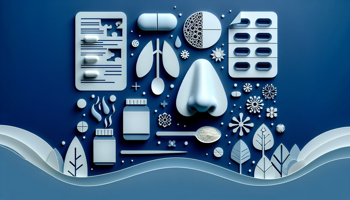 Paper art pills, tissues, test cards on dark blue background for antihistamine quiz finding best allergy relief