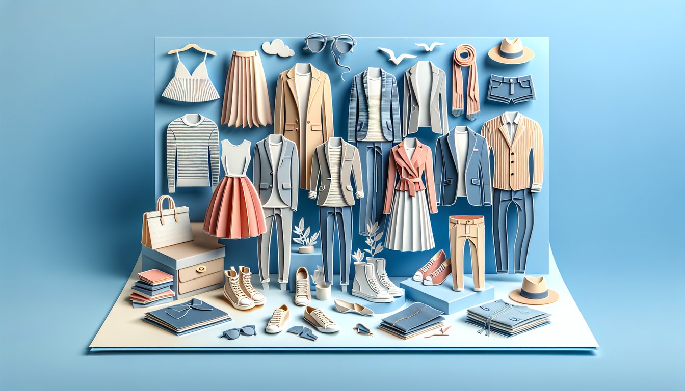 Paper art illustration for a fashion quiz on a sky blue background