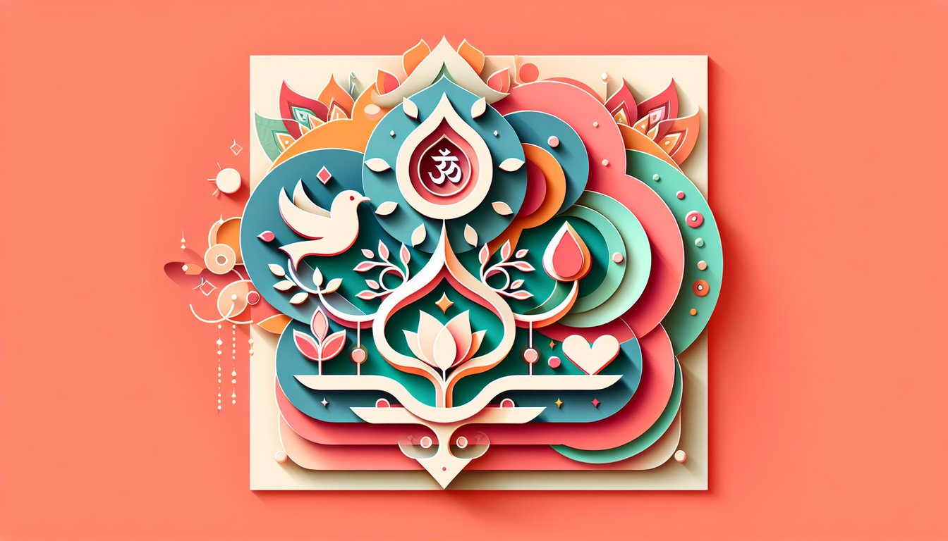 Paper art illustration for Hinduism religion quiz on a coral background