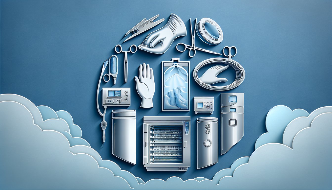 Paper art illustration for CRCST practice test on sterile processing, infection control, equipment maintenance on dark blue background