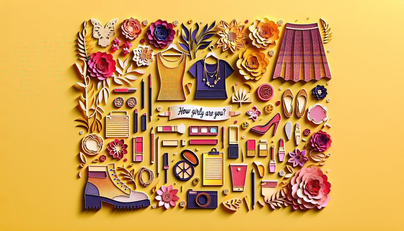 Paper art icons of lipstick, high heel, heart, bow on golden yellow background for a girly style and personality quiz.