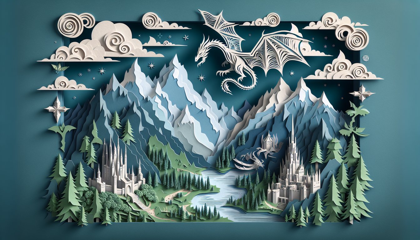 Paper art illustration with dragon emblem, parchment scroll, helmet and runes on teal background for Skyrim trivia quiz.