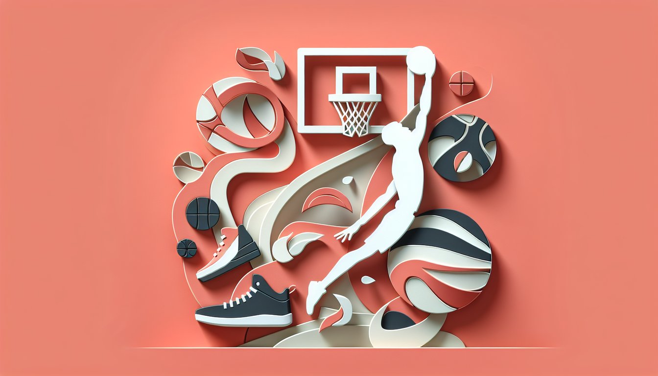 Paper art illustration of basketball scene with cutout players, hoop, quiz text on coral background