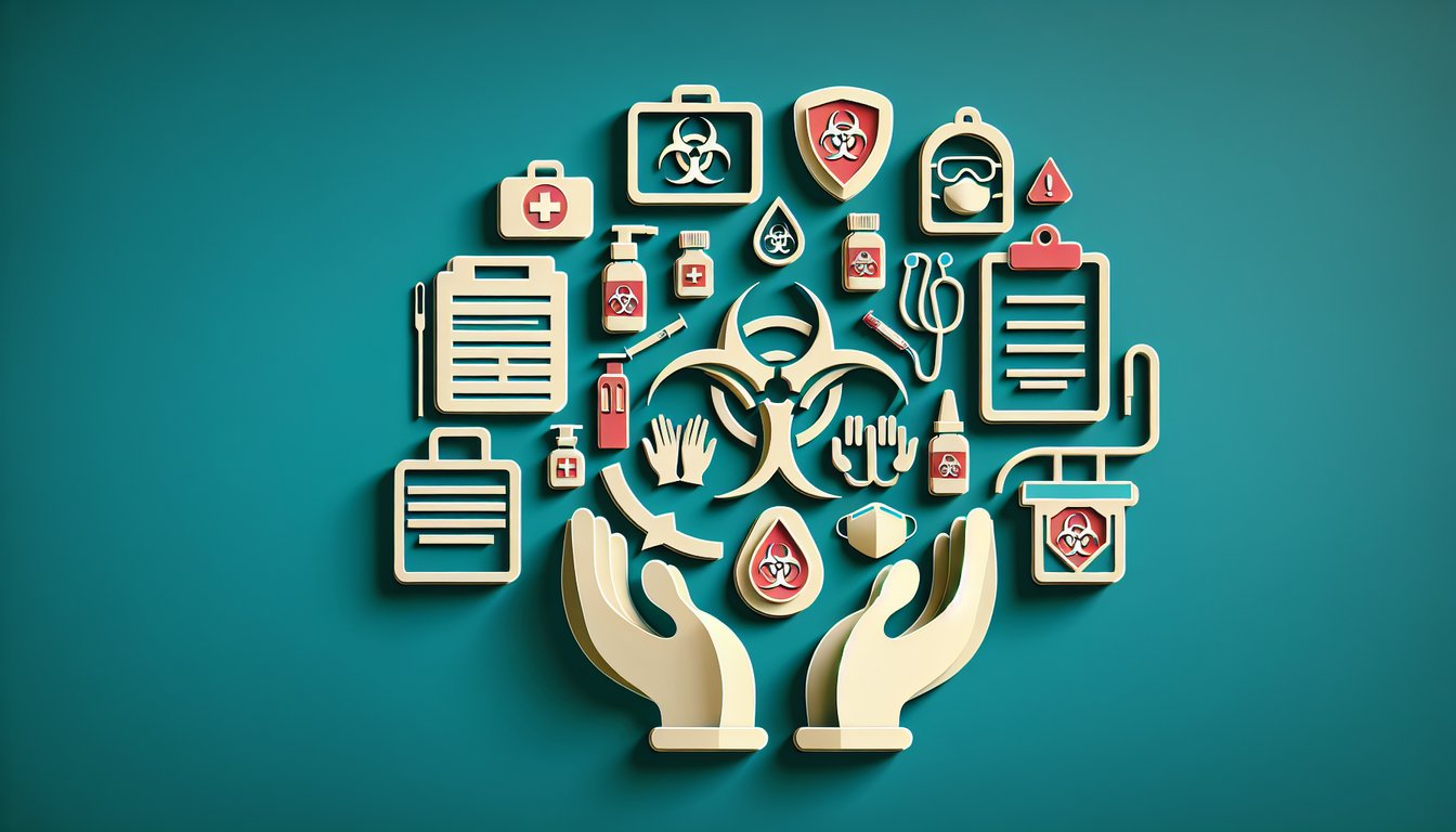 Paper art shows gloves syringe biohazard symbol quiz prompt on teal background testing safe handling PPE disposal