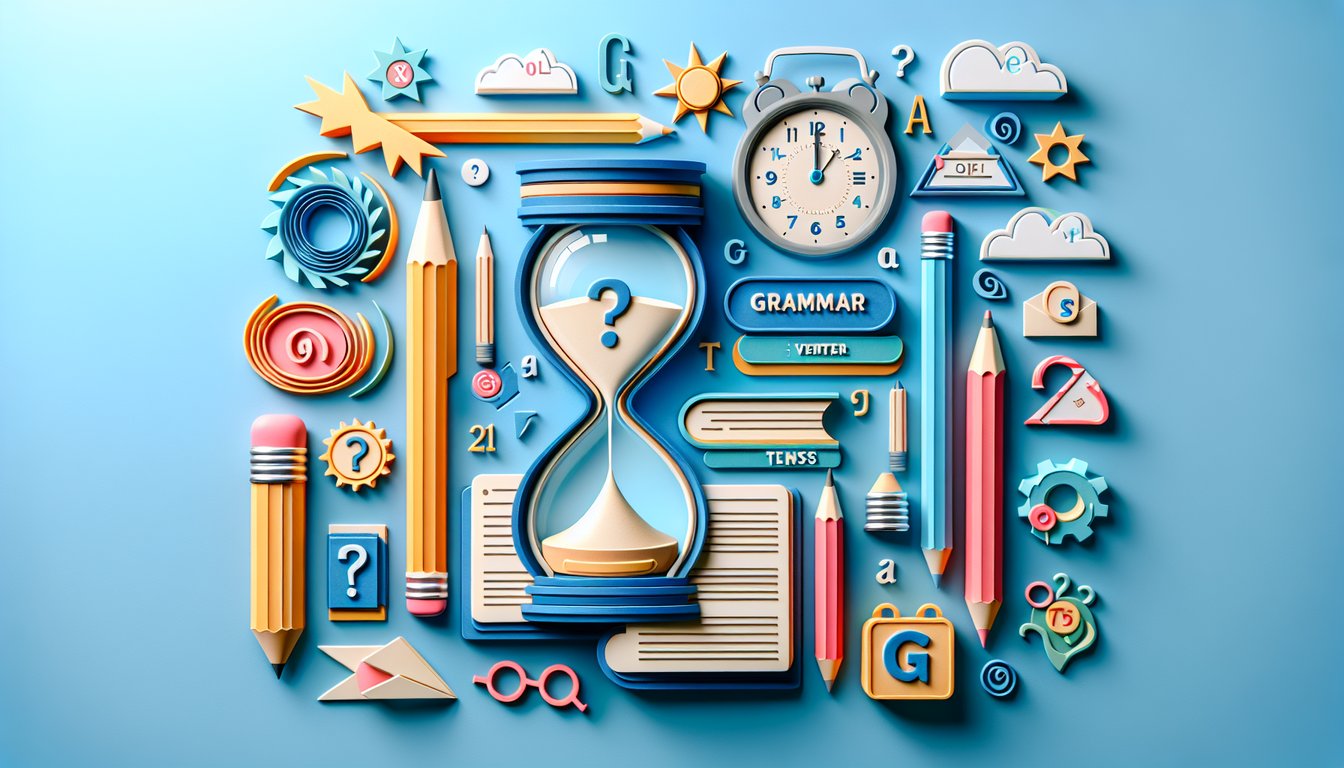 Paper art illustration with layered paper letters and symbols for past tense grammar quiz on sky blue background.