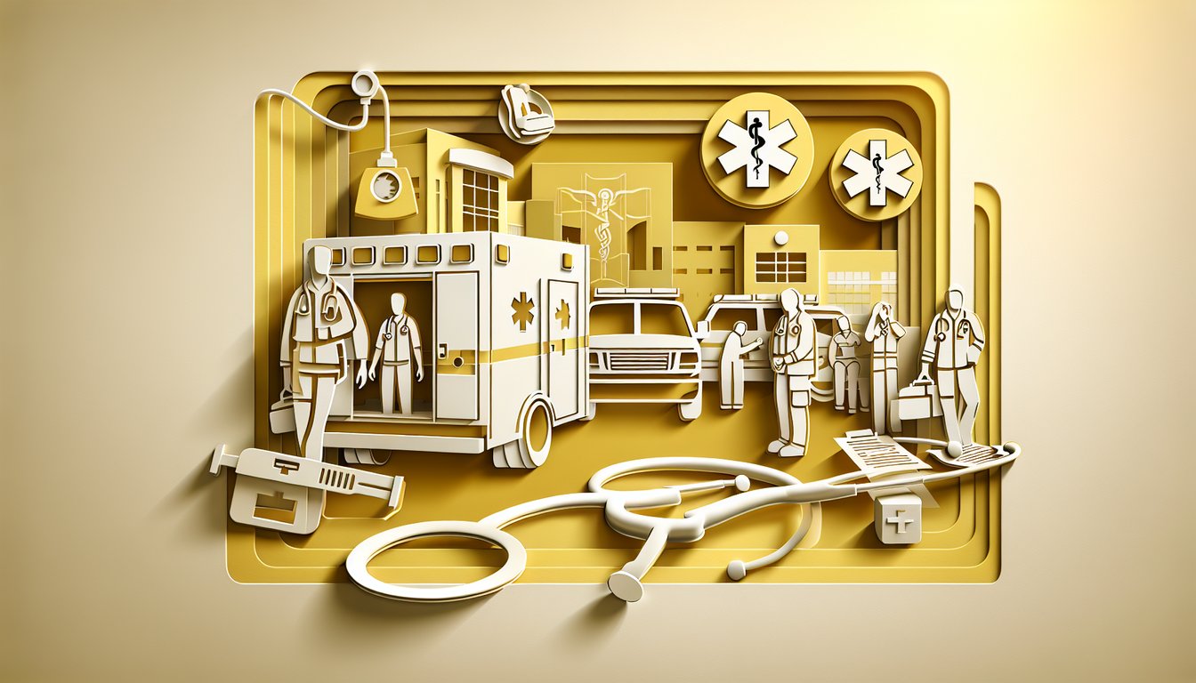 Paper art illustration showing paramedic exam practice quiz materials on golden yellow background.