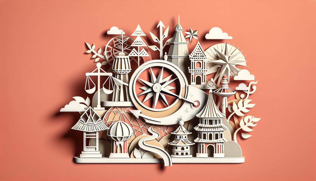 Colorful paper art illustration promoting a free ancestry and cultural roots quiz on a coral background.