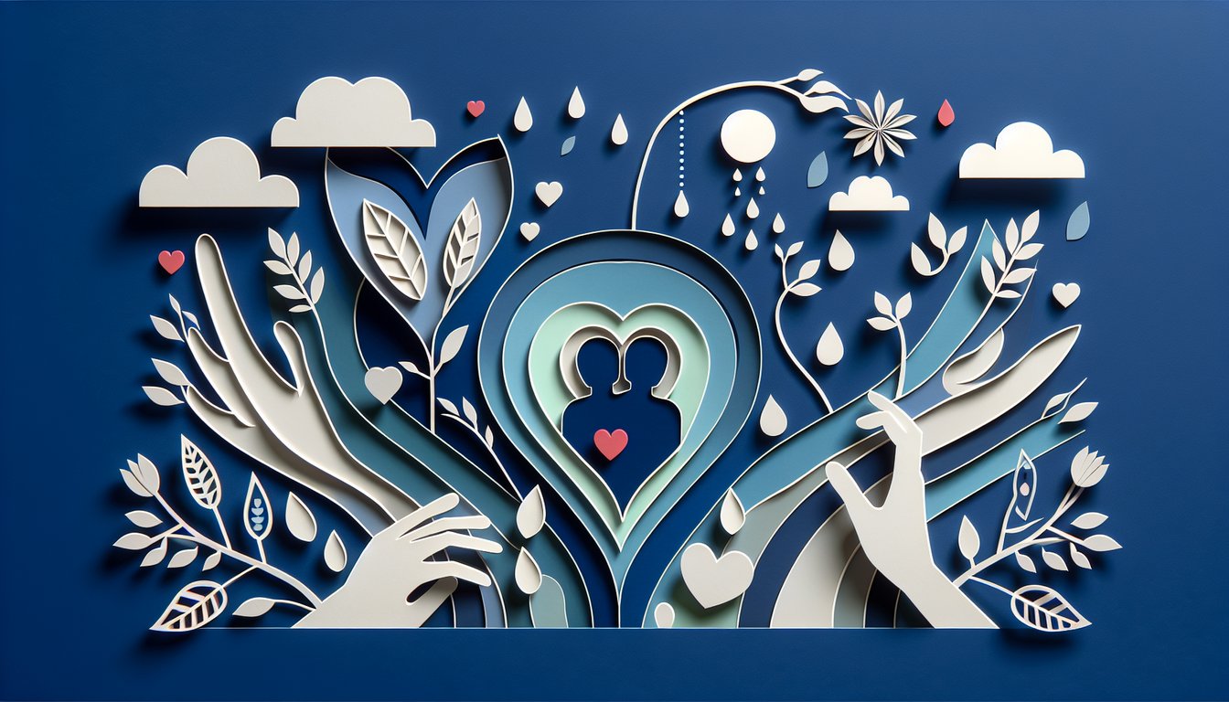 Paper art illustration of sad couple and broken heart on dark blue background for relationship depression quiz