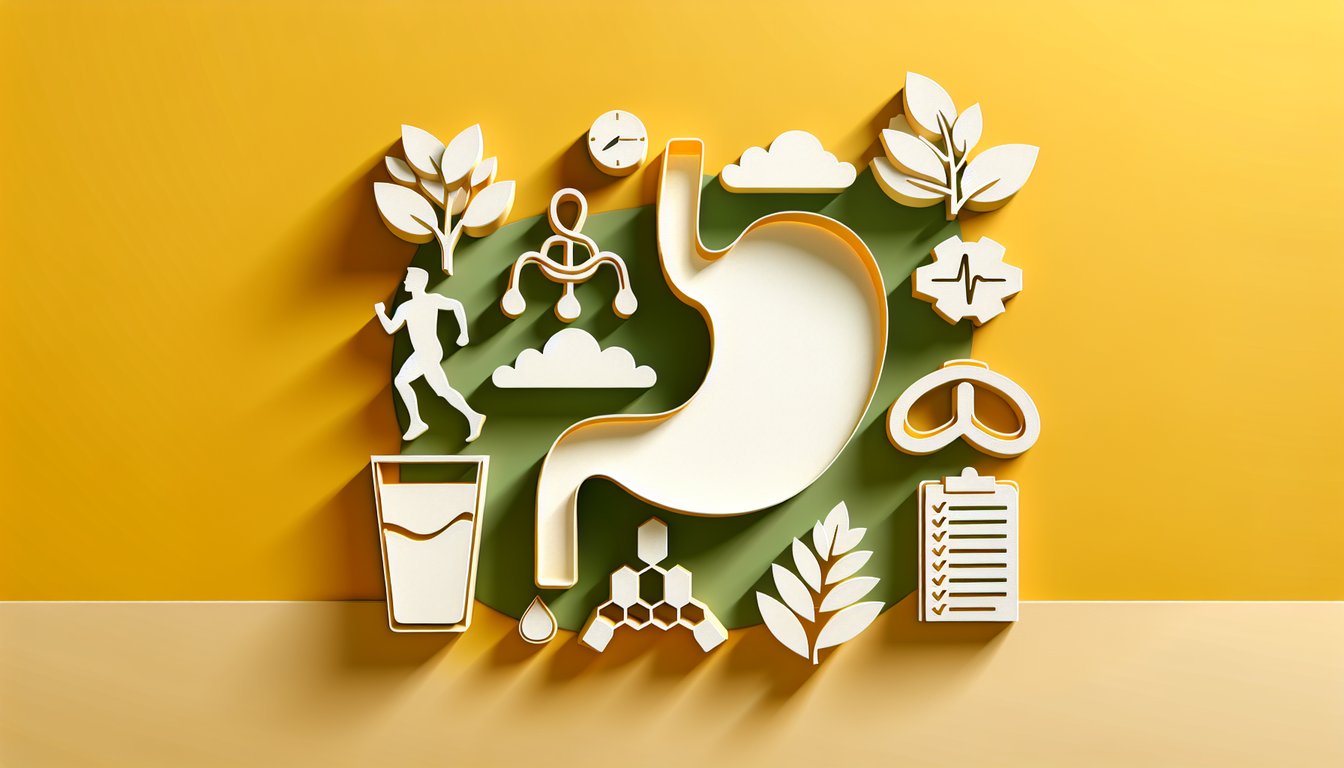 Paper art style stomach cutout with quiz icons and Do I Have an Ulcer headline on golden yellow background