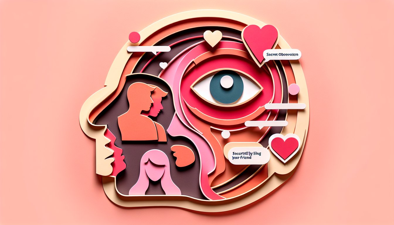 paper art illustration with hearts, question marks on coral background for quiz on hidden feelings of boyfriend best friend