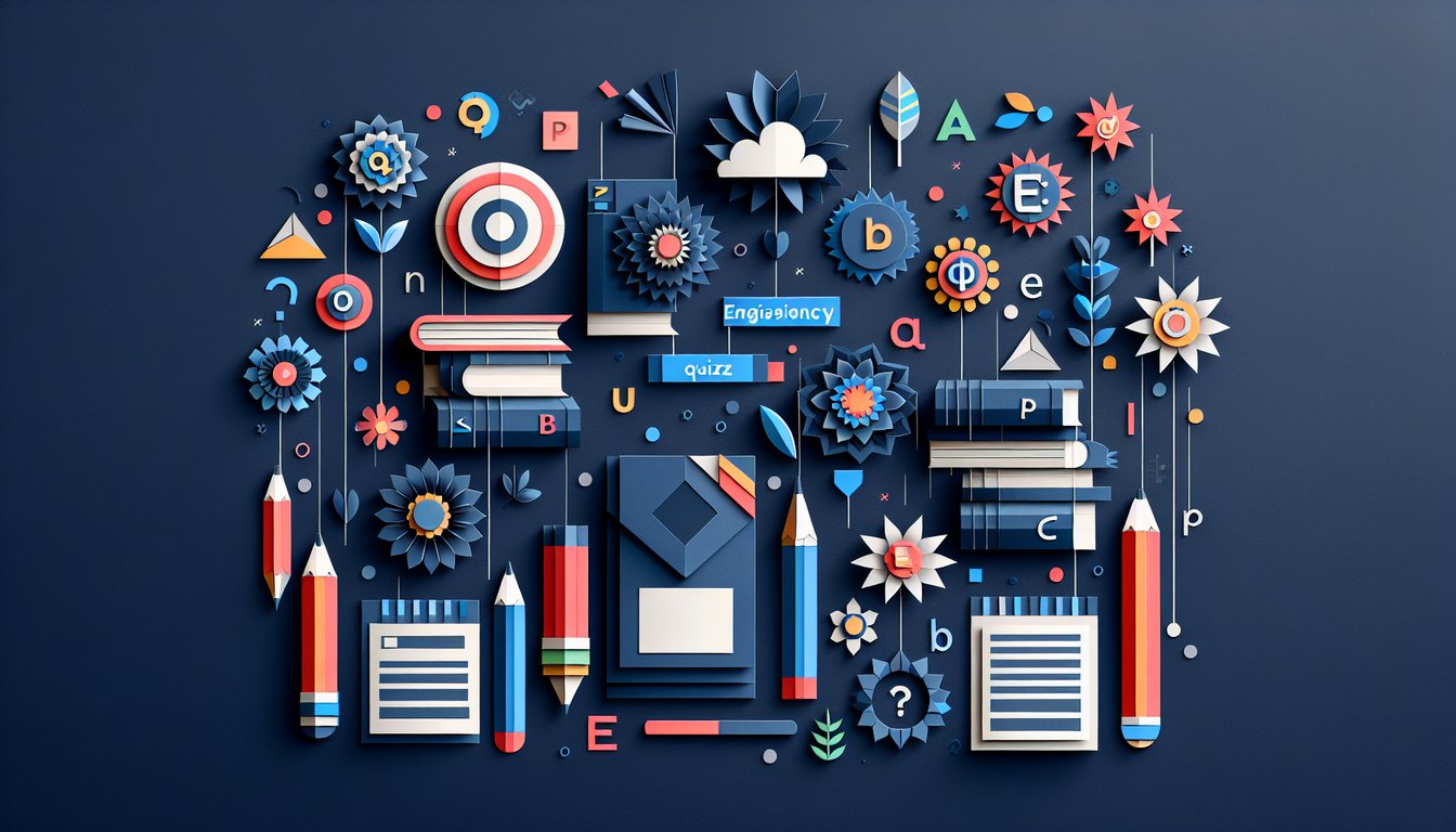 Colorful paper art representing a Primary School English Proficiency Quiz.