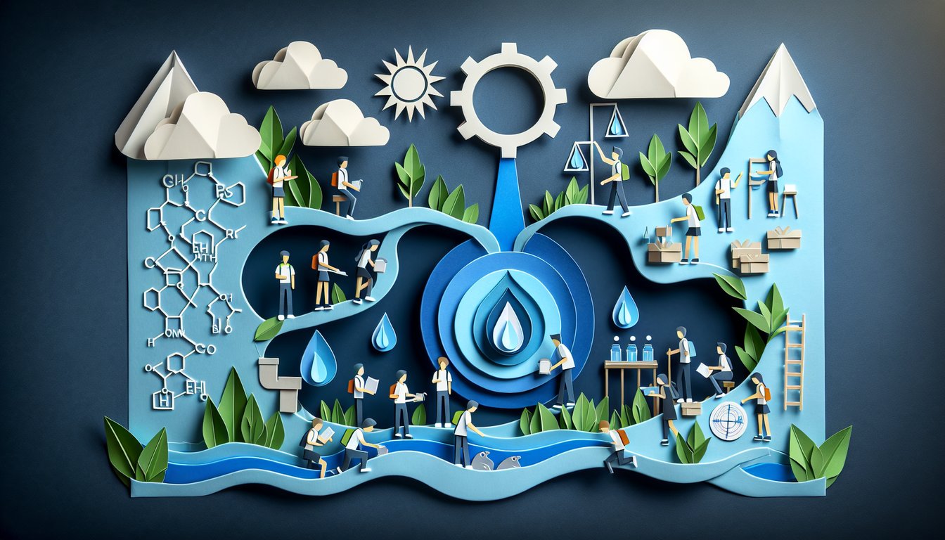 Colorful paper art promoting a Water Resource Unit Quiz for high school students.