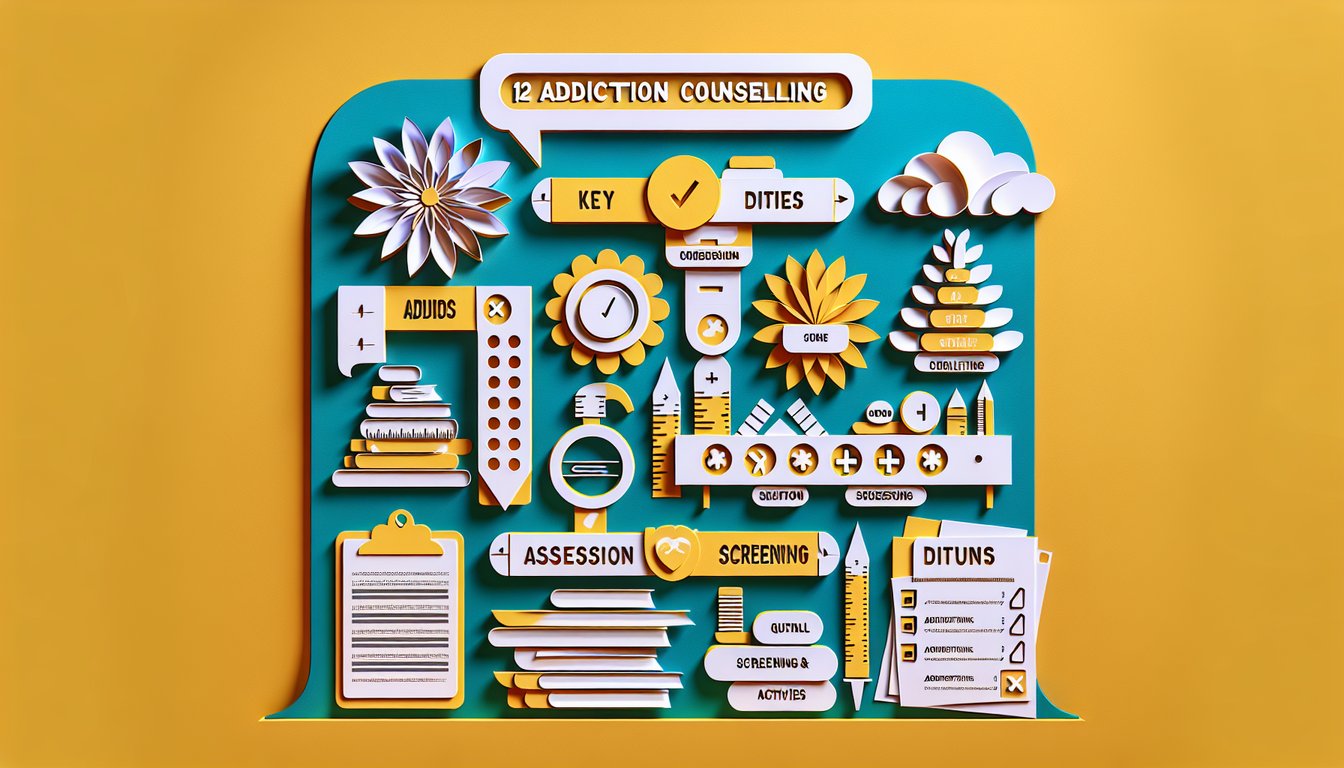 Paper art golden yellow background for free 12 Core Functions quiz on addiction counselings screening assessment key duties