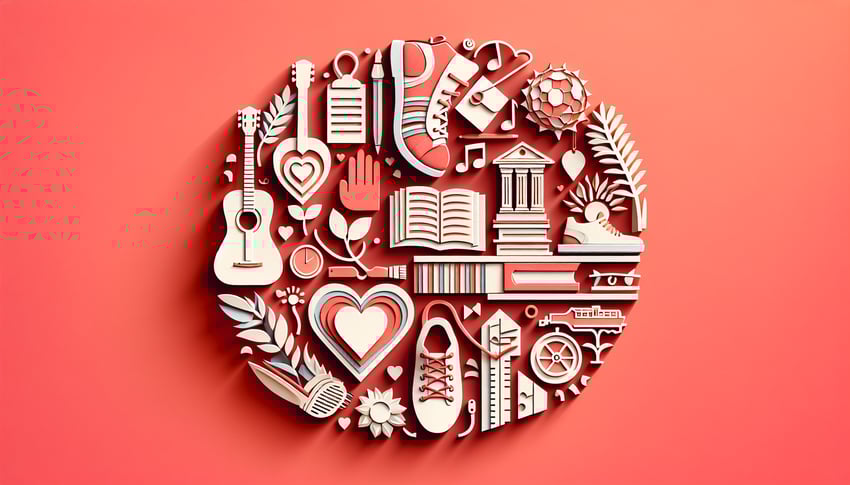 Stylized paper art on coral background with layered cut shapes and text inviting users to take a GF personality style quiz