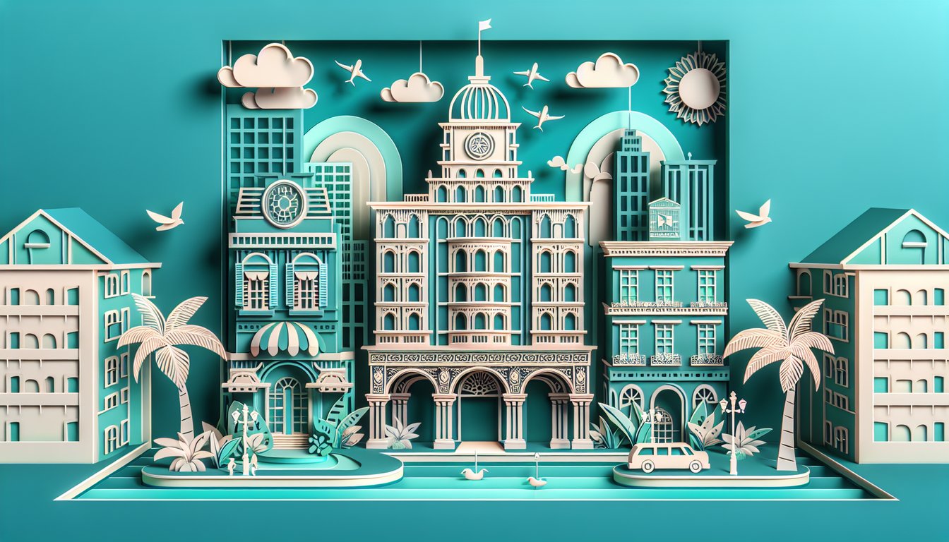 Paper cut collage of suitcase hotel and landmarks with question mark on teal background for travel trivia quiz