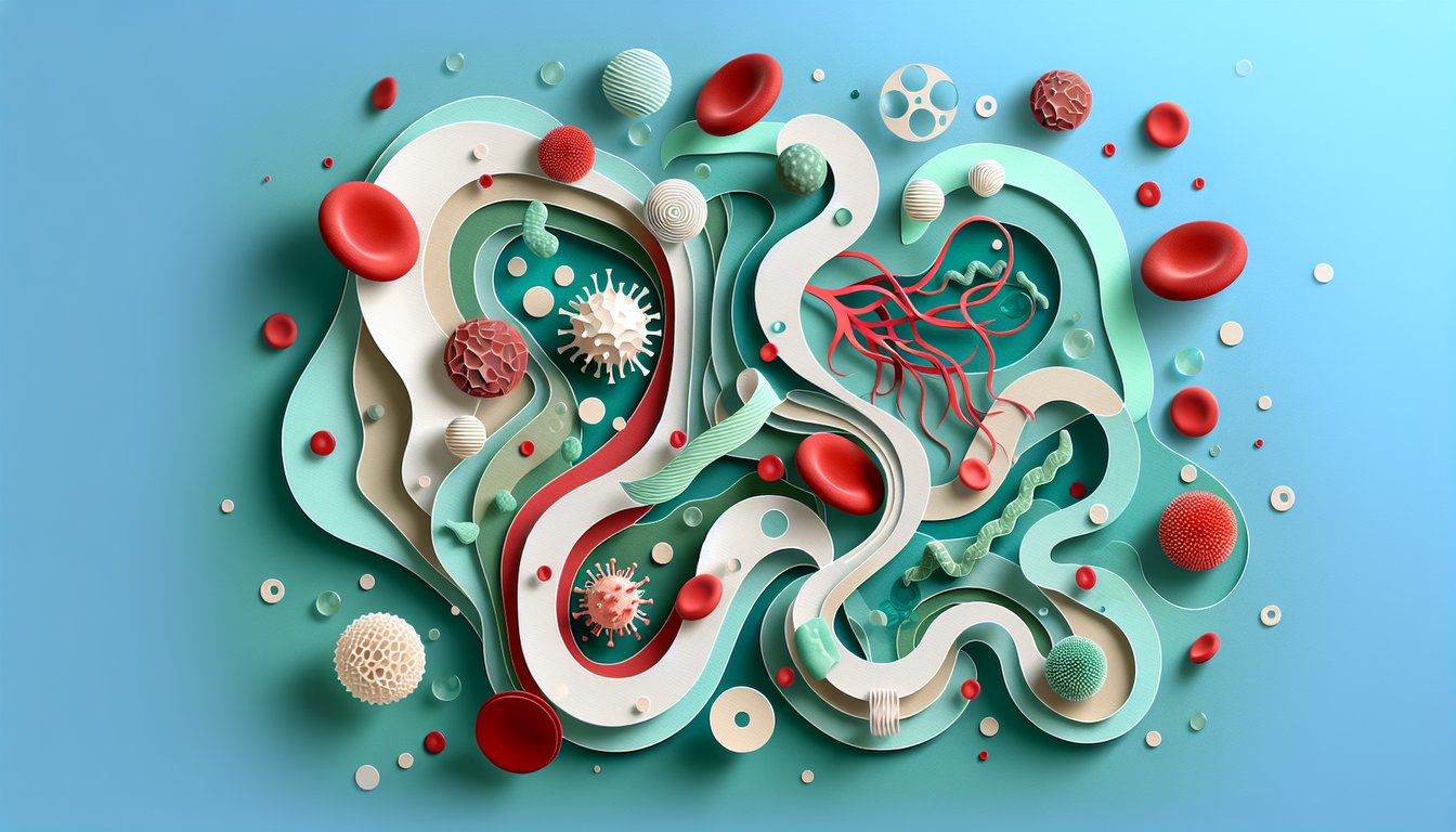 Paper art red blood cells white blood cells lymph nodes on teal background for blood lymph immunity quiz
