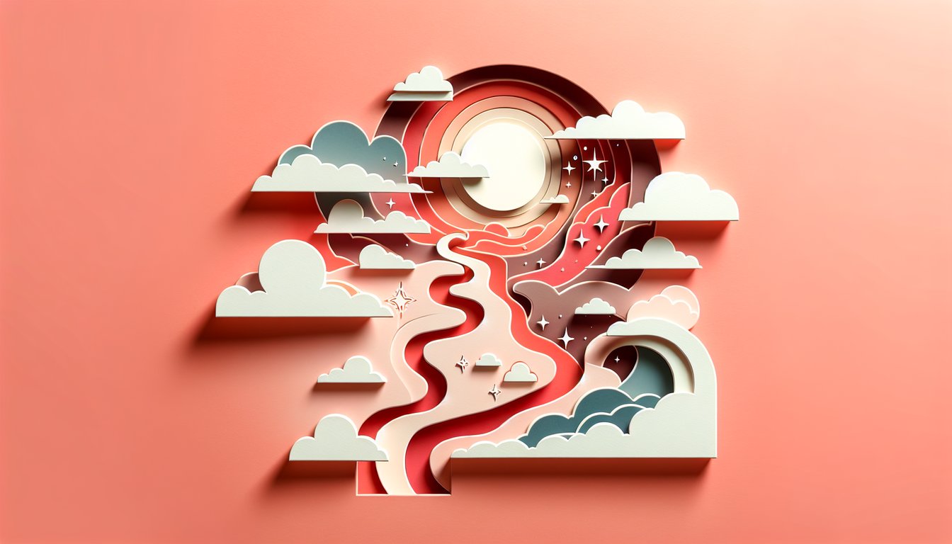 Paper art illustration of hands releasing a paper dove above a winding path toward light on coral background