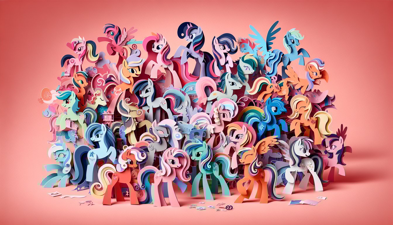 Paper art illustration for MLP name generator quiz on a coral background