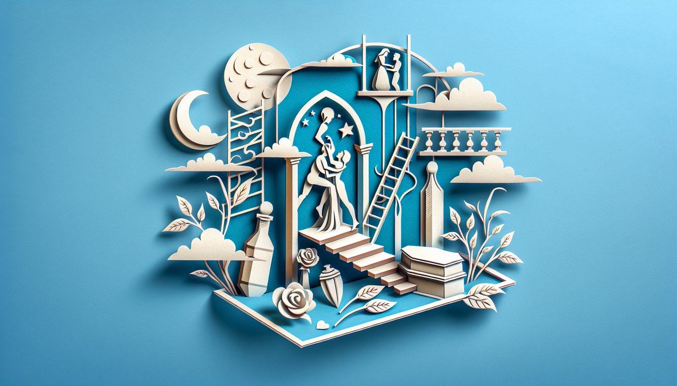 Paper art on sky blue background with Romeo and Juliet silhouettes, an open book, and free quiz text on acts IV and V