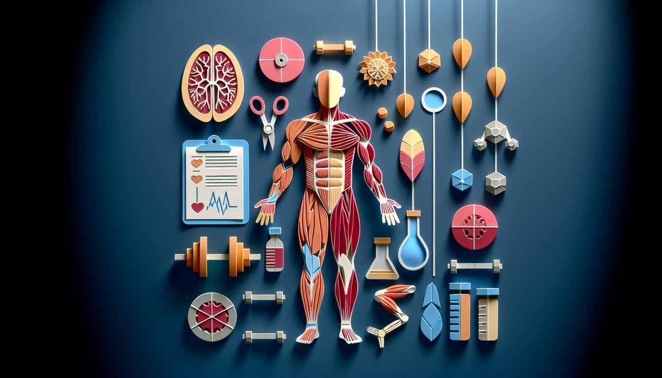 Paper art illustrating a trivia quiz about the human muscular system for high school students.