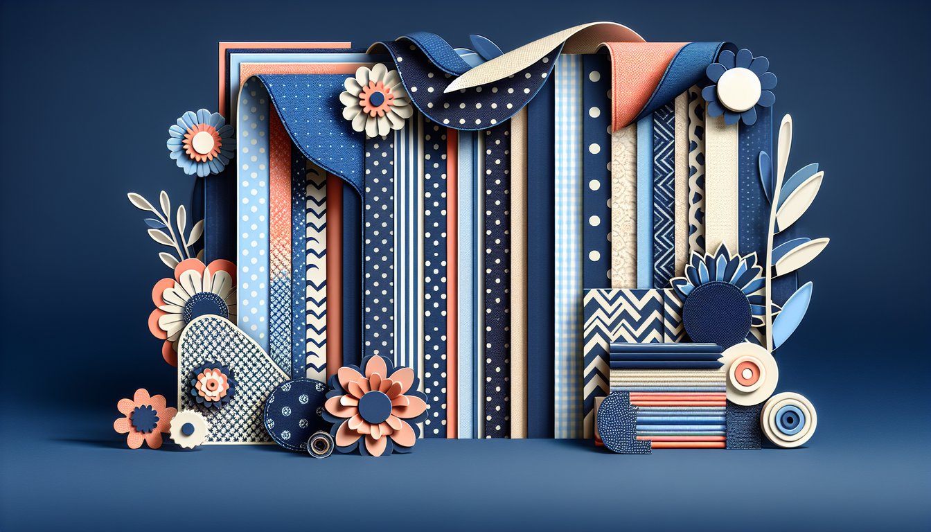 Paper art illustrating layered fabric swatches in various patterns on dark blue background
