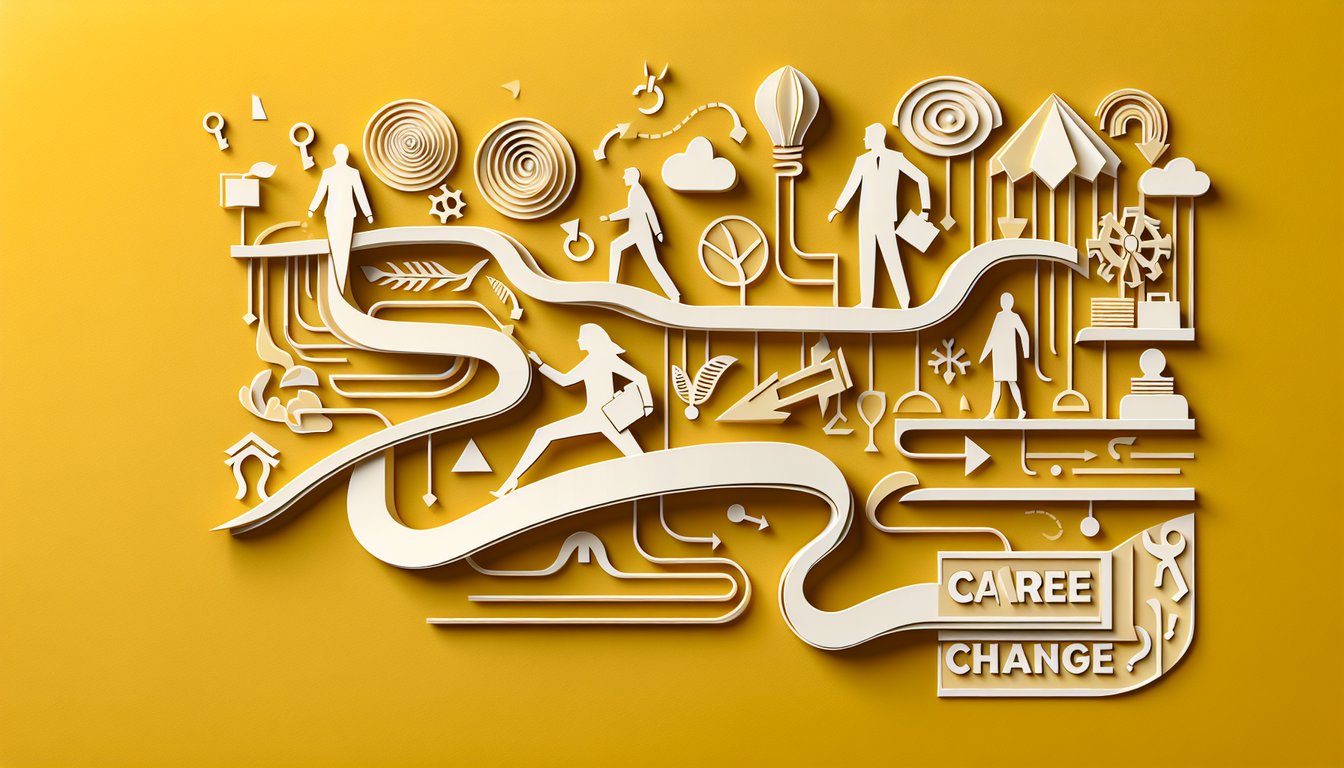 Paper art illustration of person climbing stairs on golden yellow background representing career change quiz at age 40